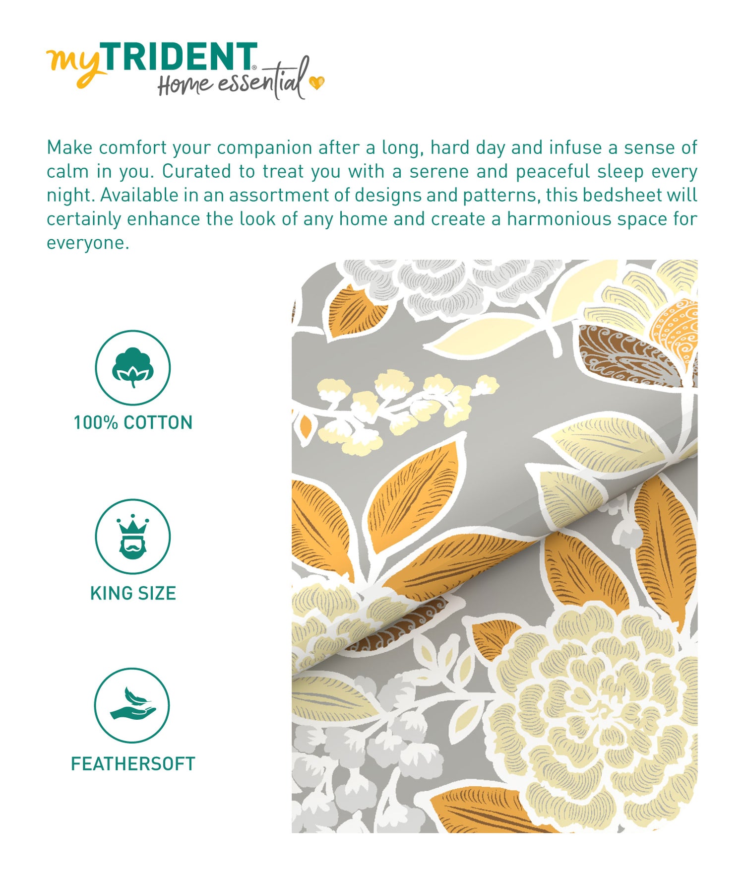 Home Essential King Printed Bedsheet, 144TC, 100% Cotton-Saher Yellow