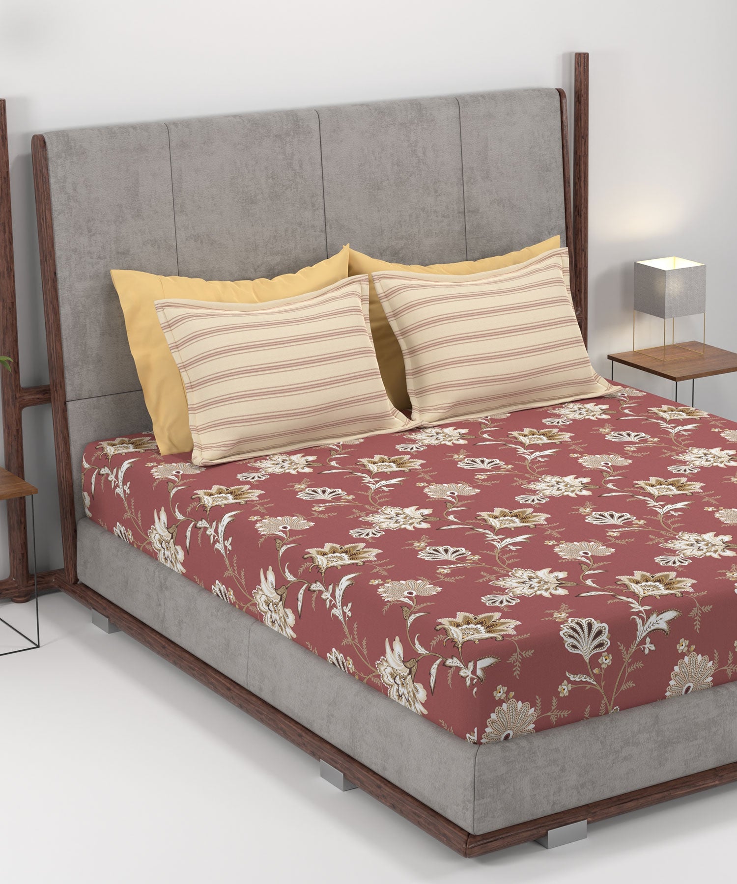 Home Essential King Printed Bedsheet, 144TC, 100% Cotton-Yasmin Red