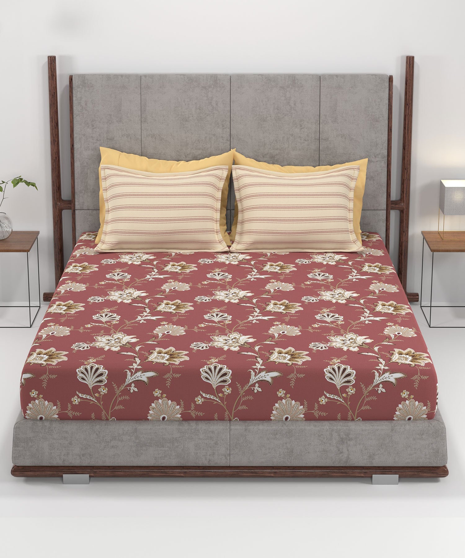Home Essential King Printed Bedsheet, 144TC, 100% Cotton-Yasmin Red