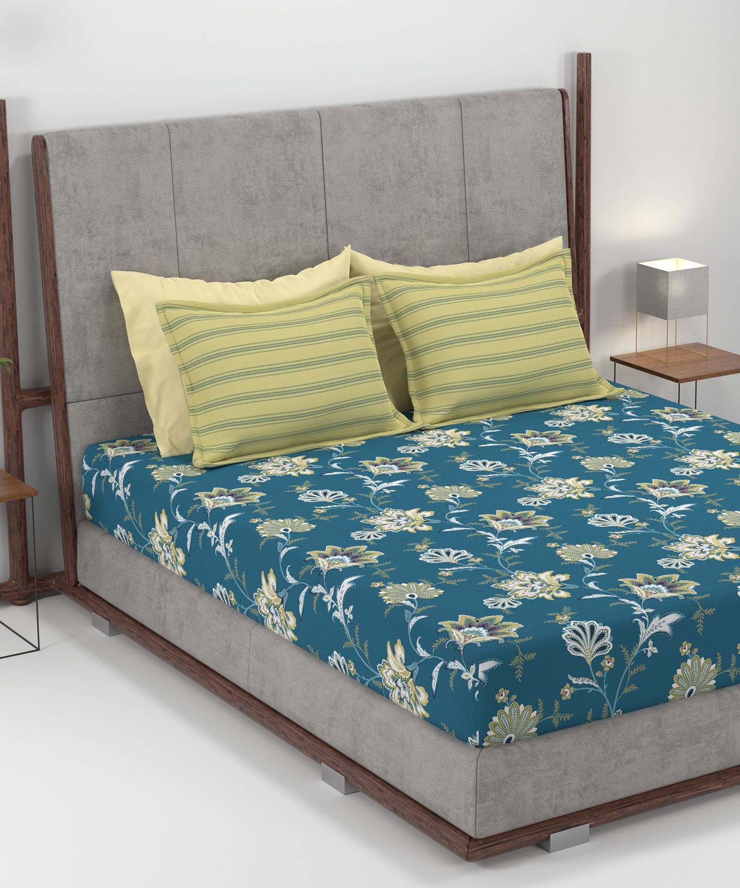 Home Essential King Printed Bedsheet, 144TC, 100% Cotton-Yasmin Teal