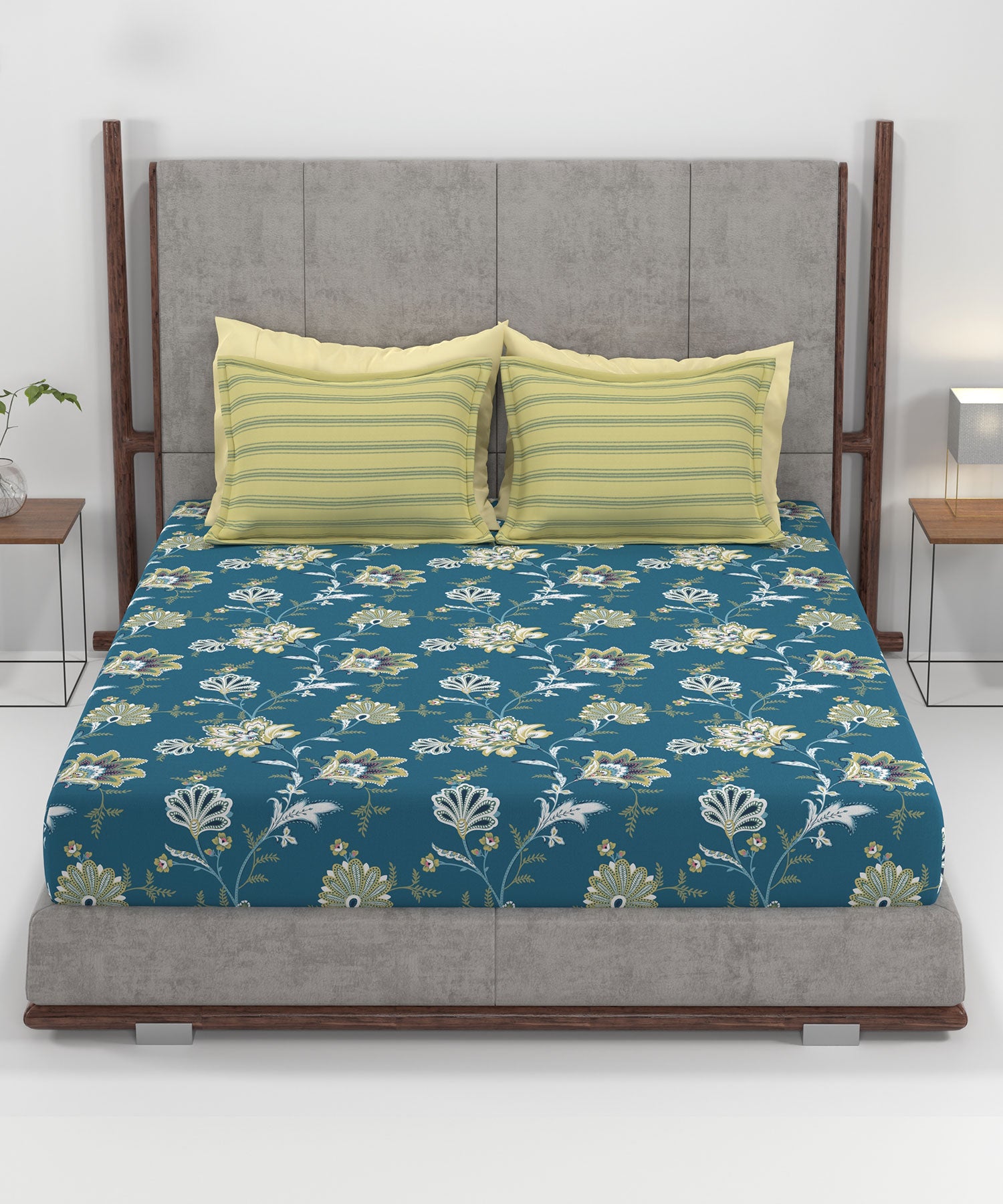 Home Essential King Printed Bedsheet, 144TC, 100% Cotton-Yasmin Teal