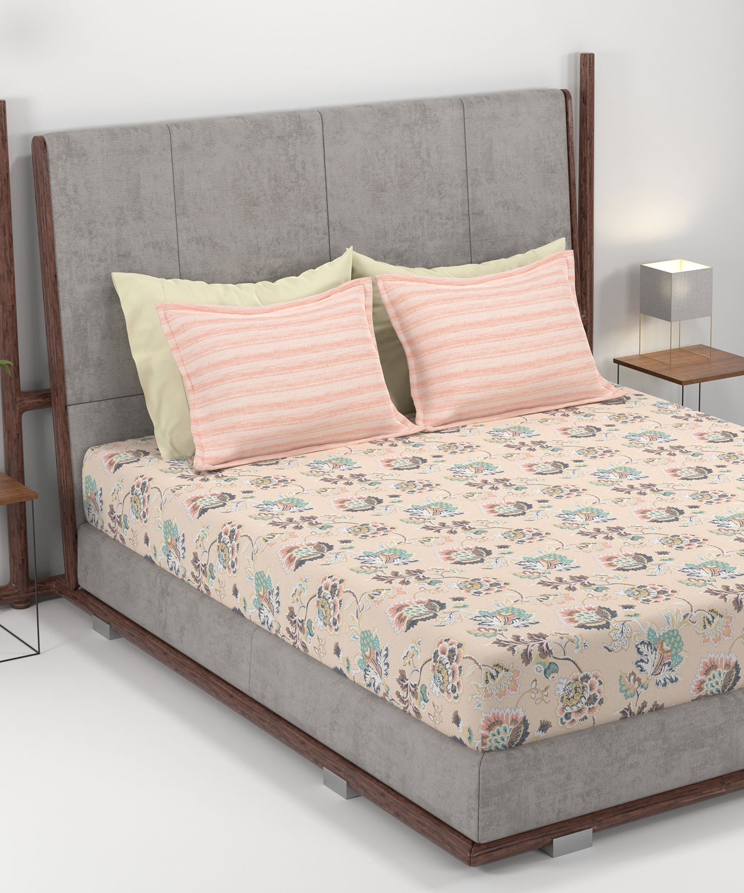 Home Essential King Printed Bedsheet, 144TC, 100% Cotton-Nayra Peach