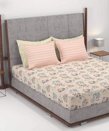 Home Essential King Printed Bedsheet, 144TC, 100% Cotton-Nayra Peach