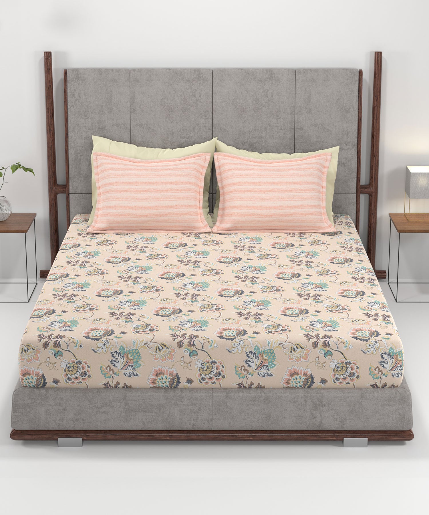 Home Essential King Printed Bedsheet, 144TC, 100% Cotton-Nayra Peach
