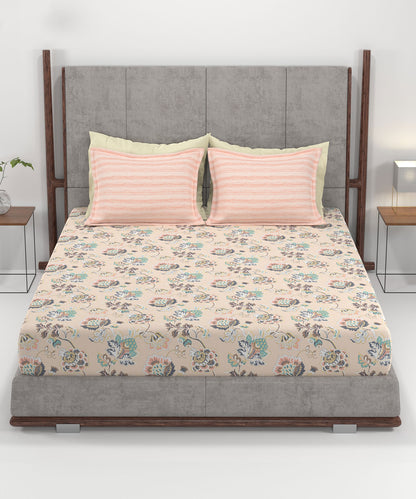 Home Essential King Printed Bedsheet, 144TC, 100% Cotton-Nayra Peach