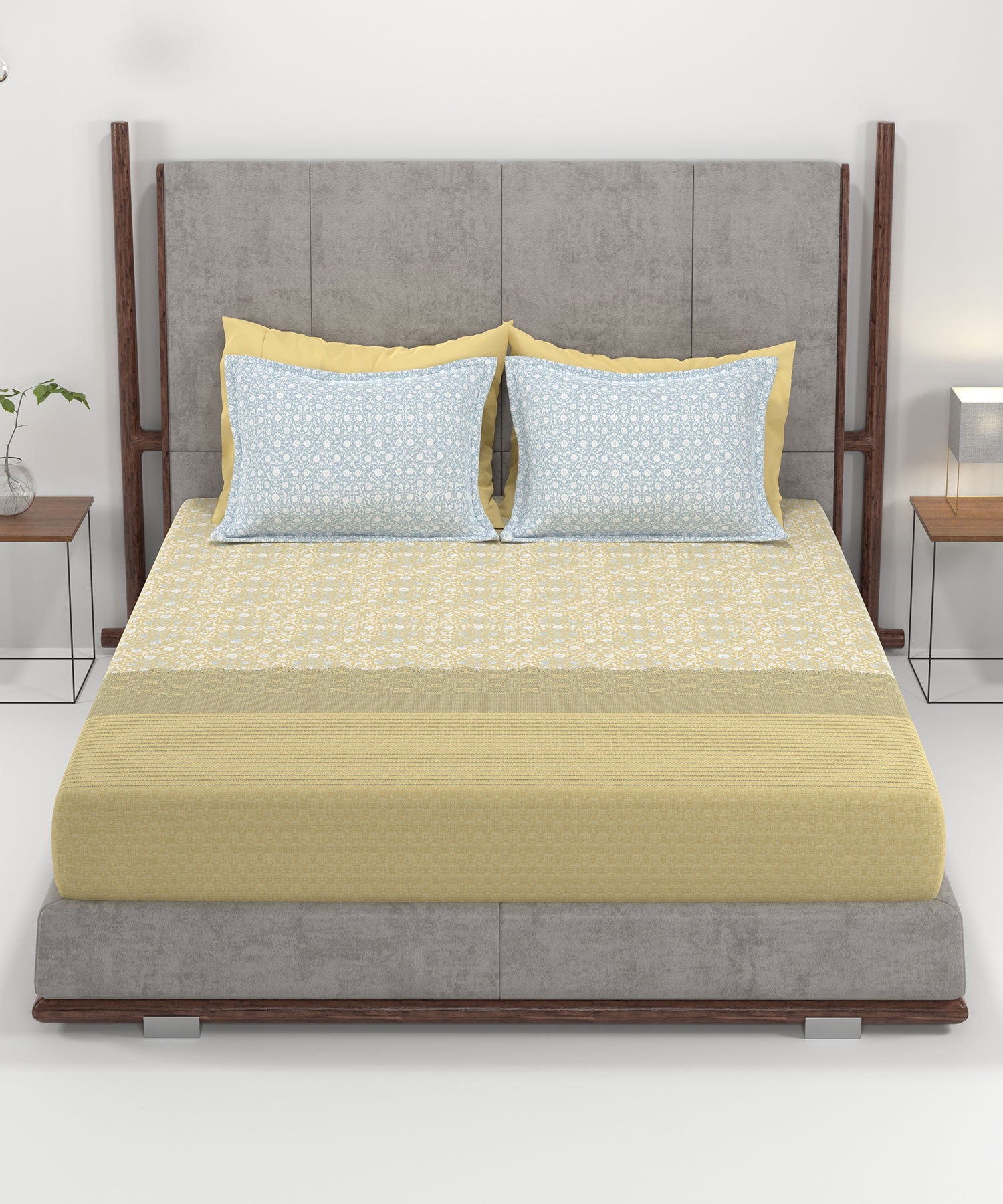 Home Essential King Printed Bedsheet, 144TC, 100% Cotton-Emaar Olive