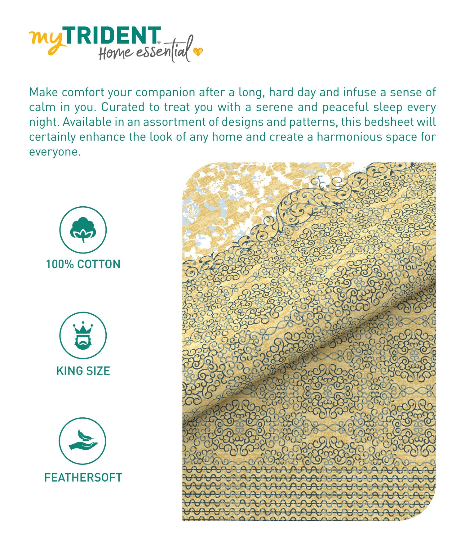 Home Essential King Printed Bedsheet, 144TC, 100% Cotton-Emaar Olive