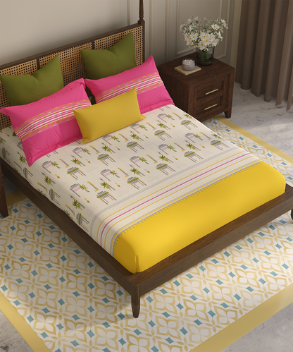 Home Essential Vasant King Bedsheet Gift Set|144 TC Cotton |Navodaya Yellow |2 Pillow Covers