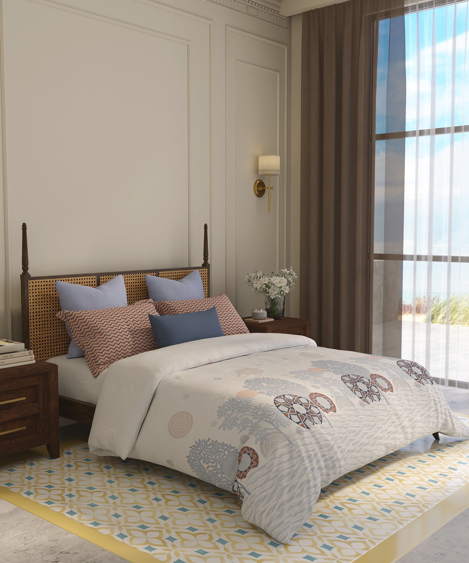 Home Essential Vasant King Bedsheet Gift Set|144 TC Cotton |Navvarsh Blue|2 Pillow Covers