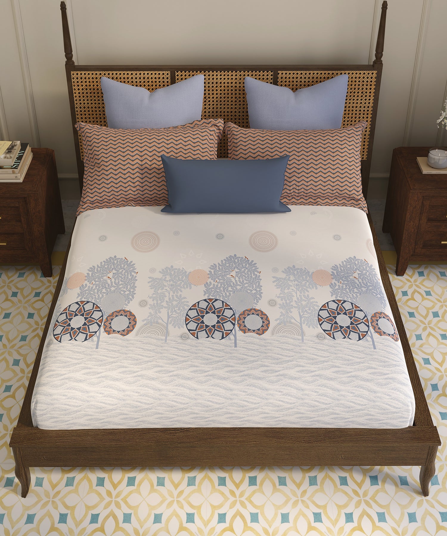 Home Essential Vasant King Bedsheet Gift Set|144 TC Cotton |Navvarsh Blue|2 Pillow Covers