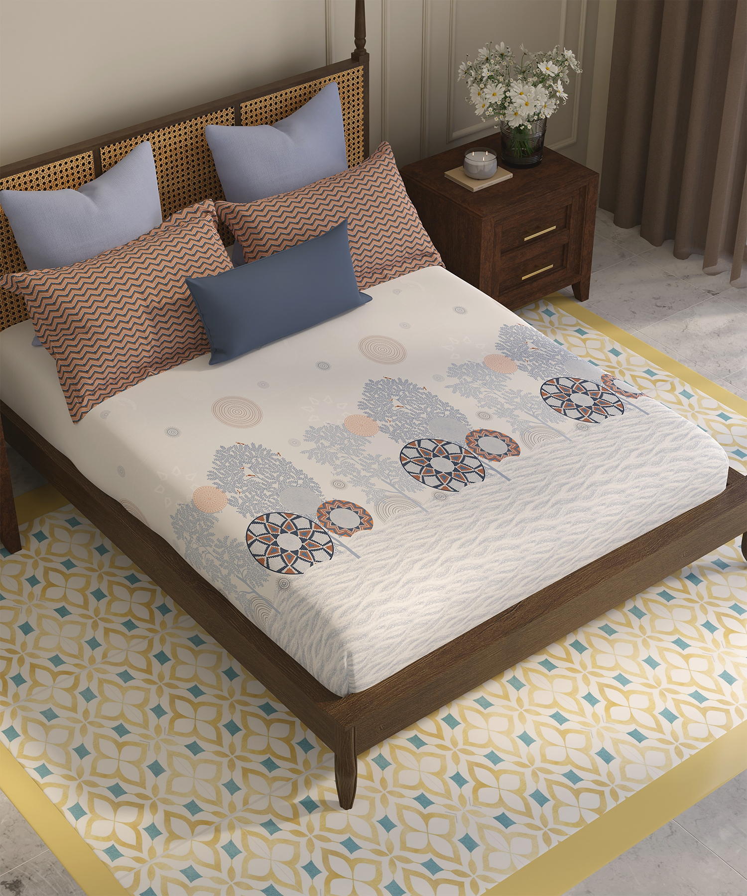 Home Essential Vasant King Bedsheet Gift Set|144 TC Cotton |Navvarsh Blue|2 Pillow Covers