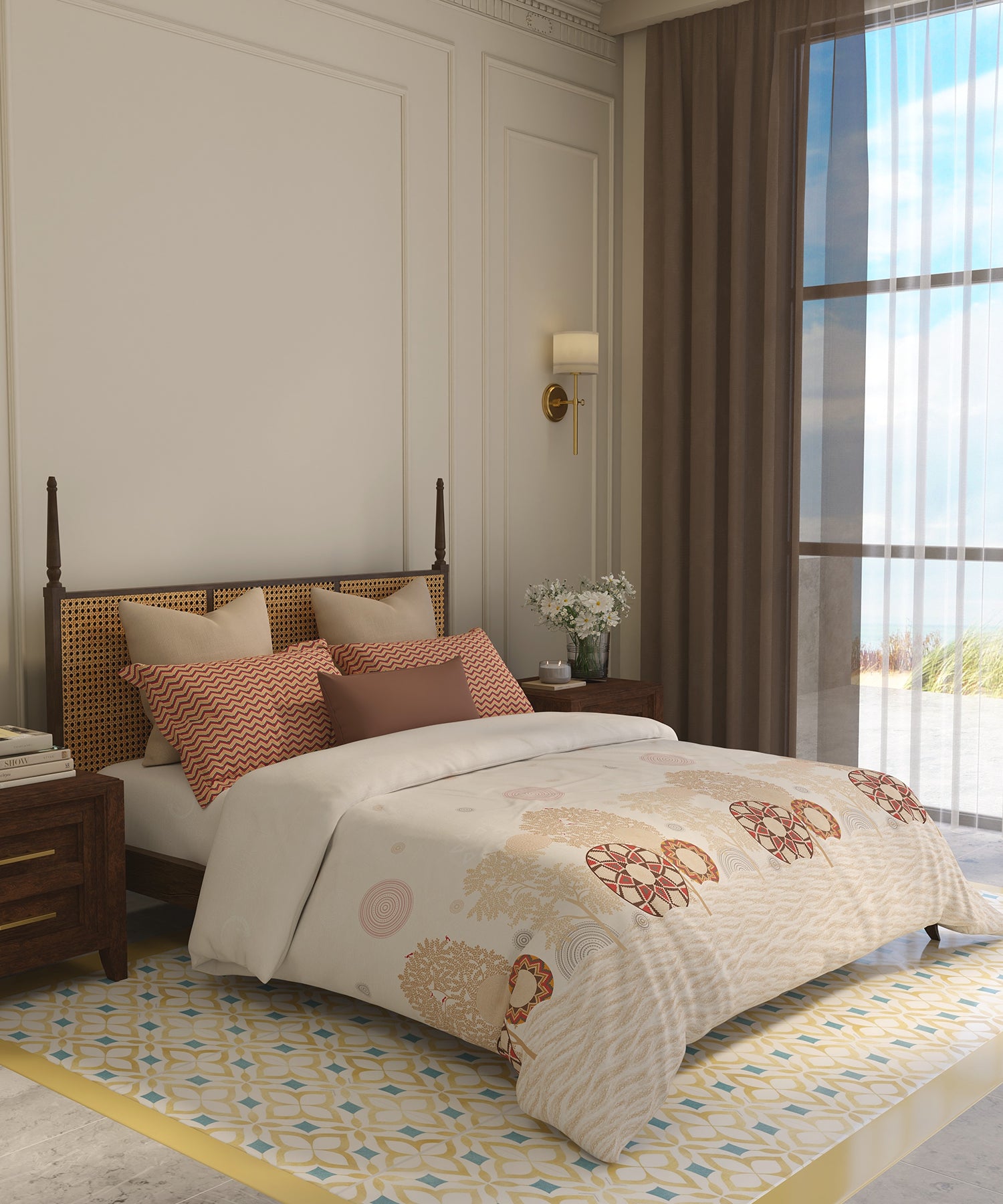 Home Essential Vasant King Bedsheet Gift Set|144 TC Cotton |Navvarsh Beige|2 Pillow Covers