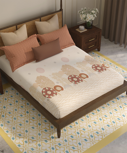 Home Essential Vasant King Bedsheet Gift Set|144 TC Cotton |Navvarsh Beige|2 Pillow Covers