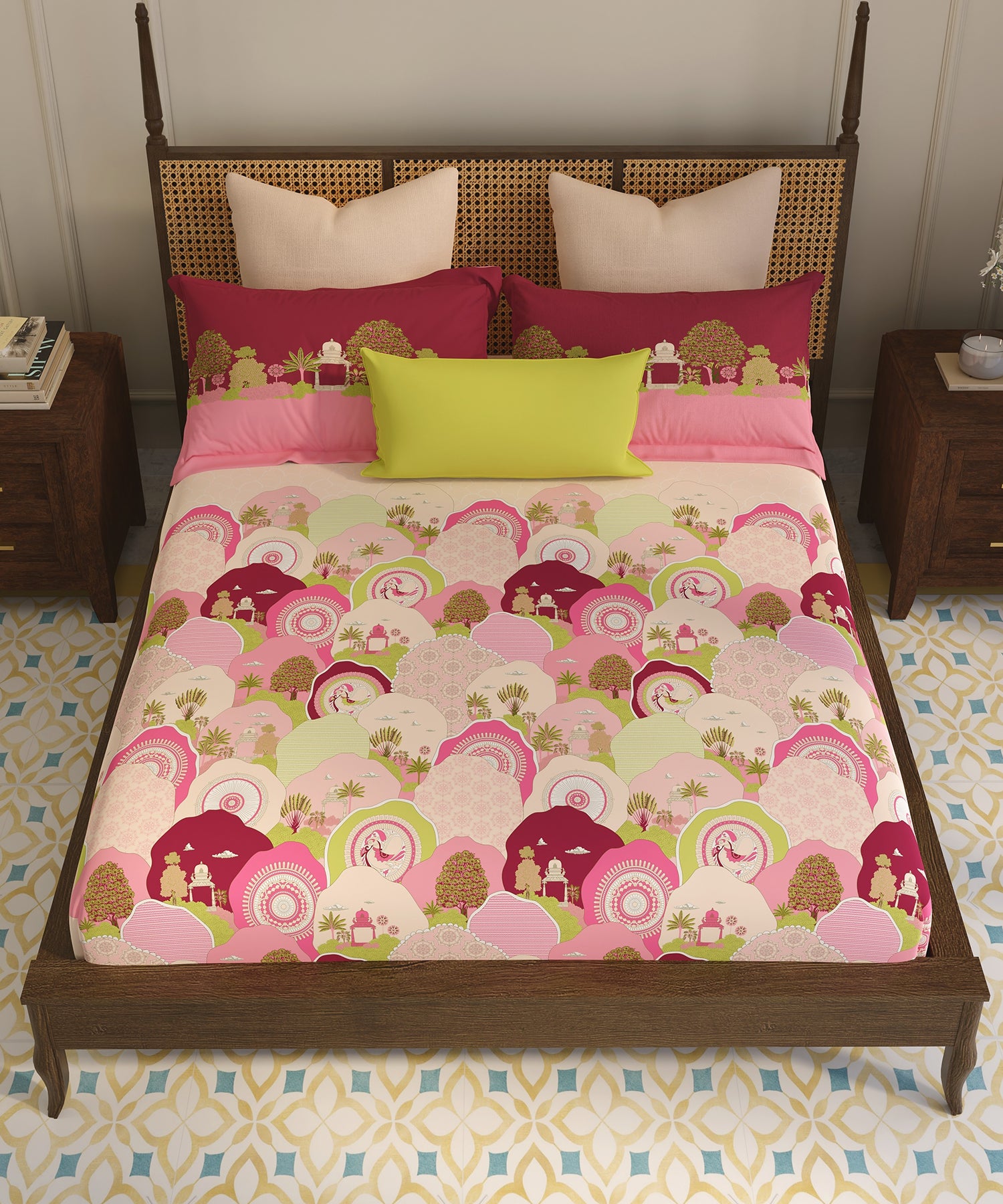 Home Essential Vasant King Bedsheet Gift Set|144 TC Cotton |Navya Pink|2 Pillow Covers