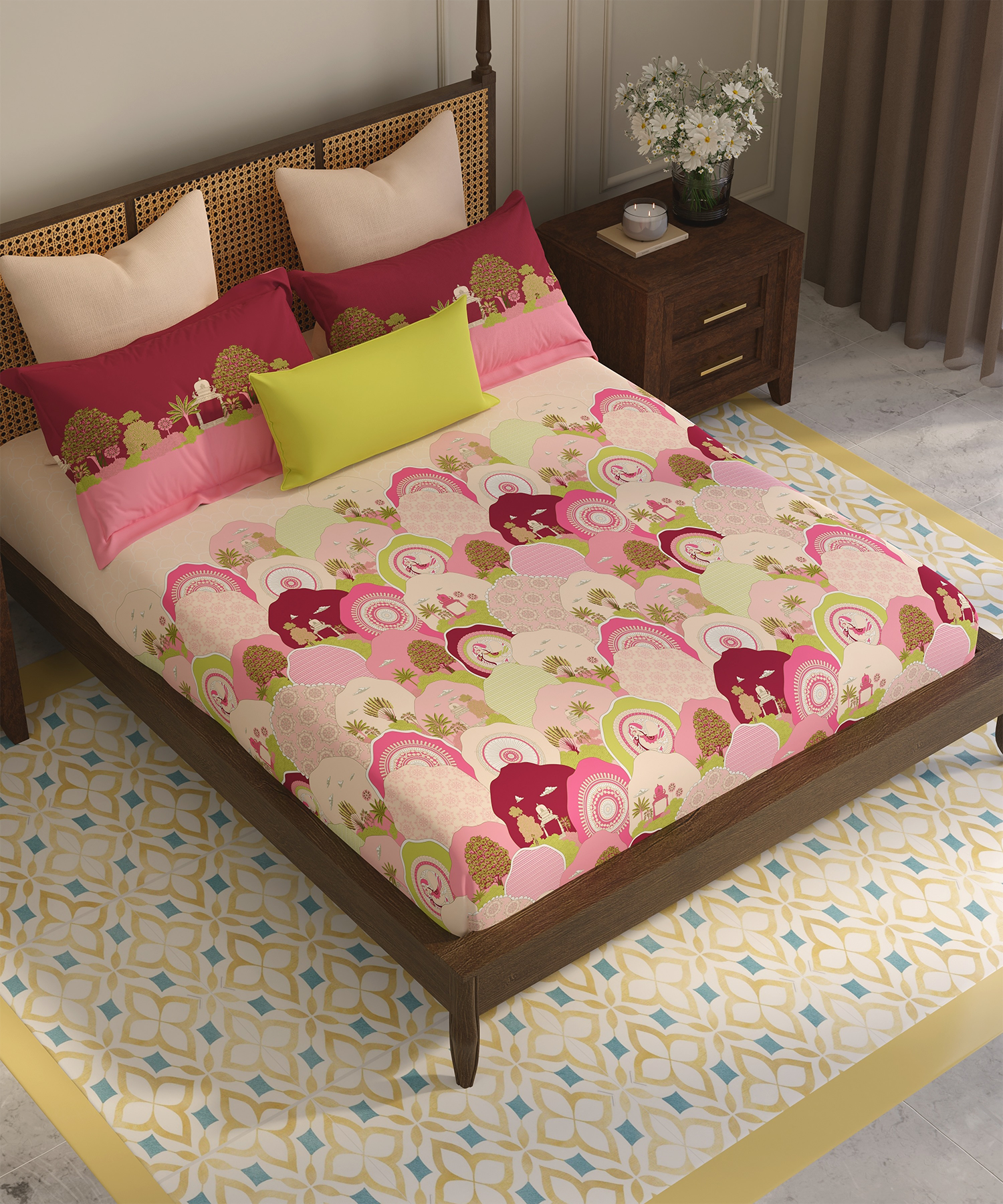 Home Essential Vasant King Bedsheet Gift Set|144 TC Cotton |Navya Pink|2 Pillow Covers