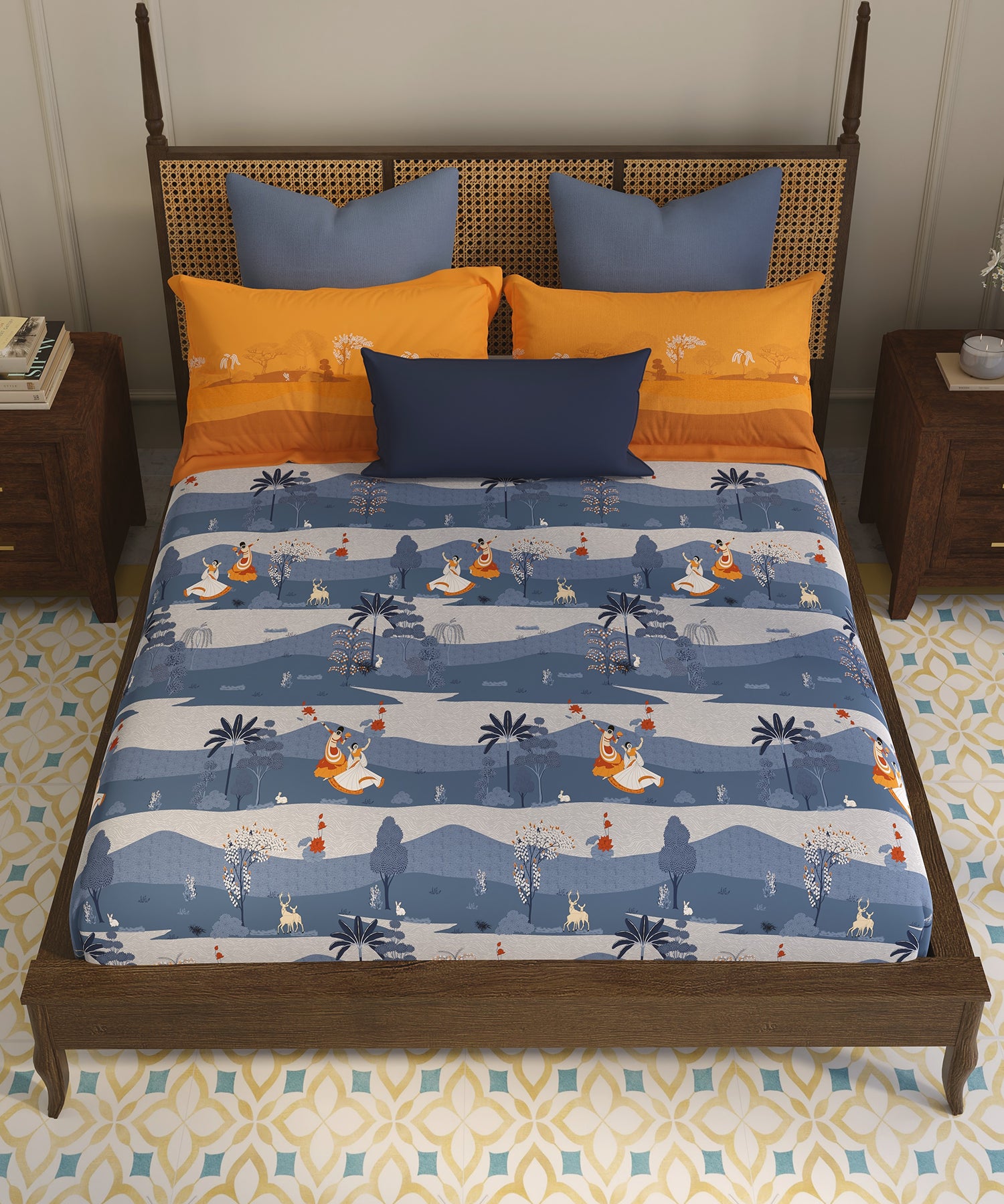 Home Essential Vasant King Bedsheet Gift Set|144 TC Cotton |Raasleela Blue |2 Pillow Covers
