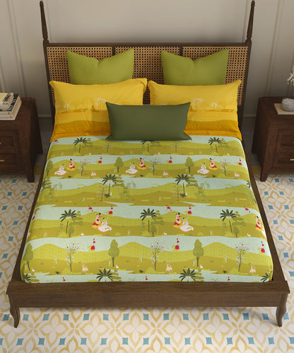 Home Essential Vasant King Bedsheet Gift Set|144 TC Cotton |Raasleela Green |2 Pillow Covers
