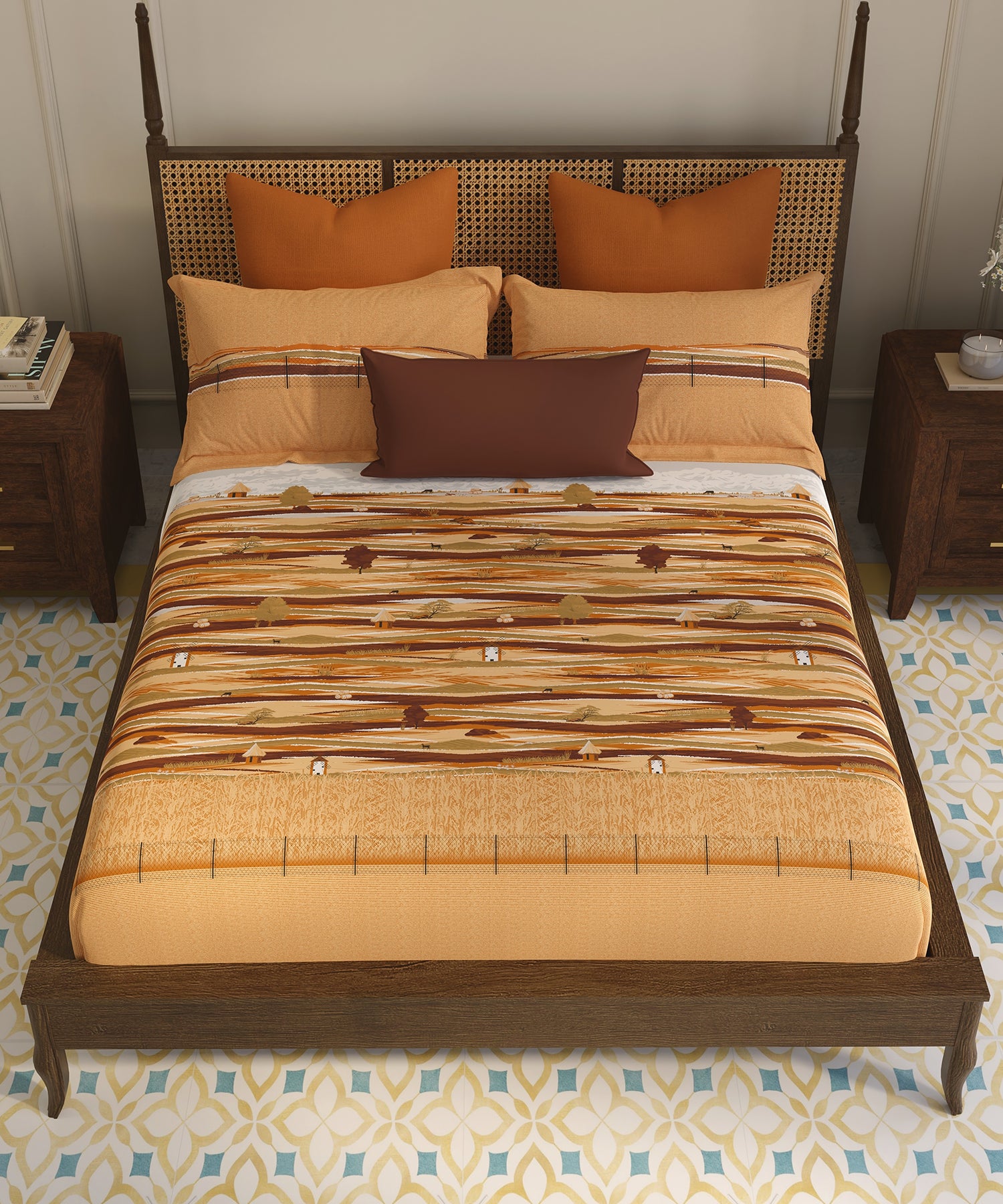 Home Essential Vasant King Bedsheet Gift Set|144 TC Cotton |Upaj Brown |2 Pillow Covers
