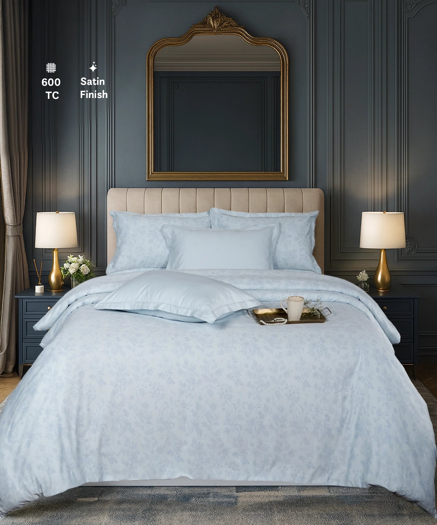 Luxe Home King Bedsheet, Aurelia|600 TC Cotton|4 Pillow Covers