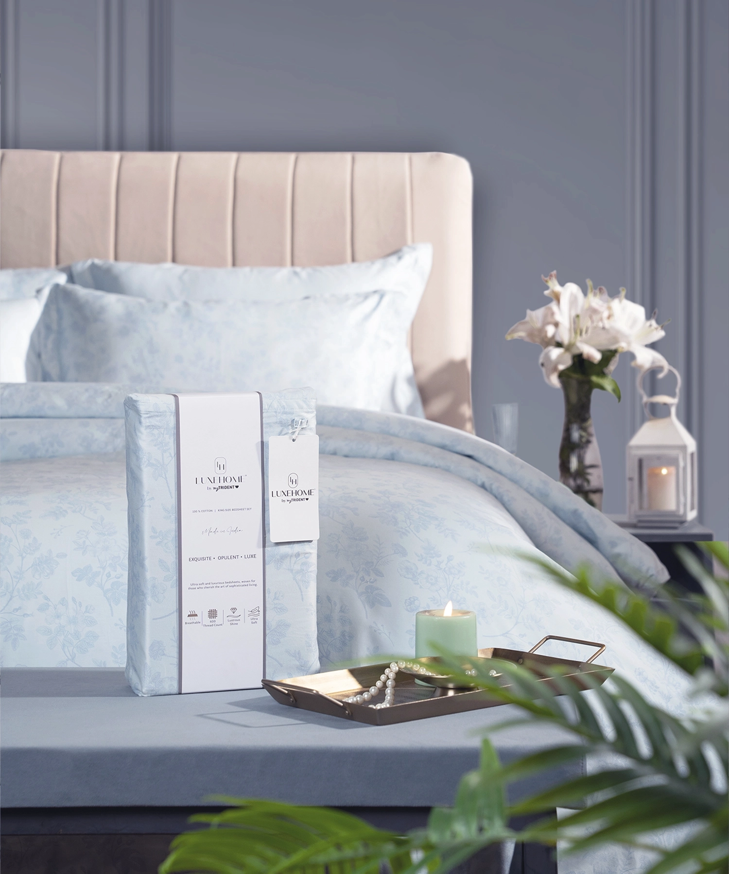 Luxe Home King Bedsheet, Aurelia|600 TC Cotton|4 Pillow Covers