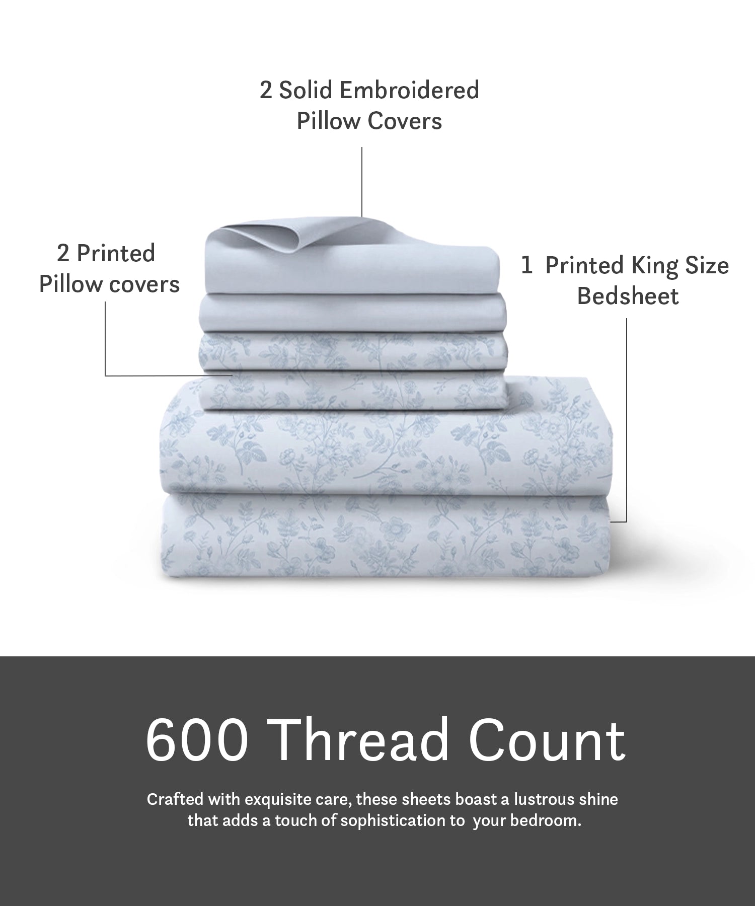 Luxe Home King Bedsheet, Aurelia|600 TC Cotton|4 Pillow Covers