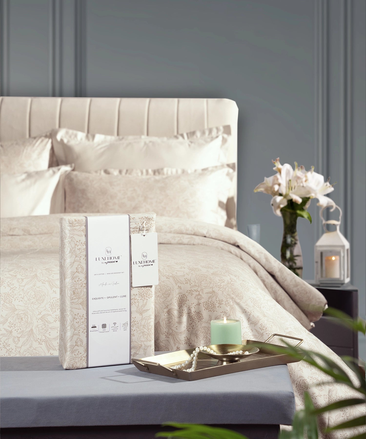 Luxe Home King Bedsheet, Solace|600 TC Cotton|4 Pillow Covers