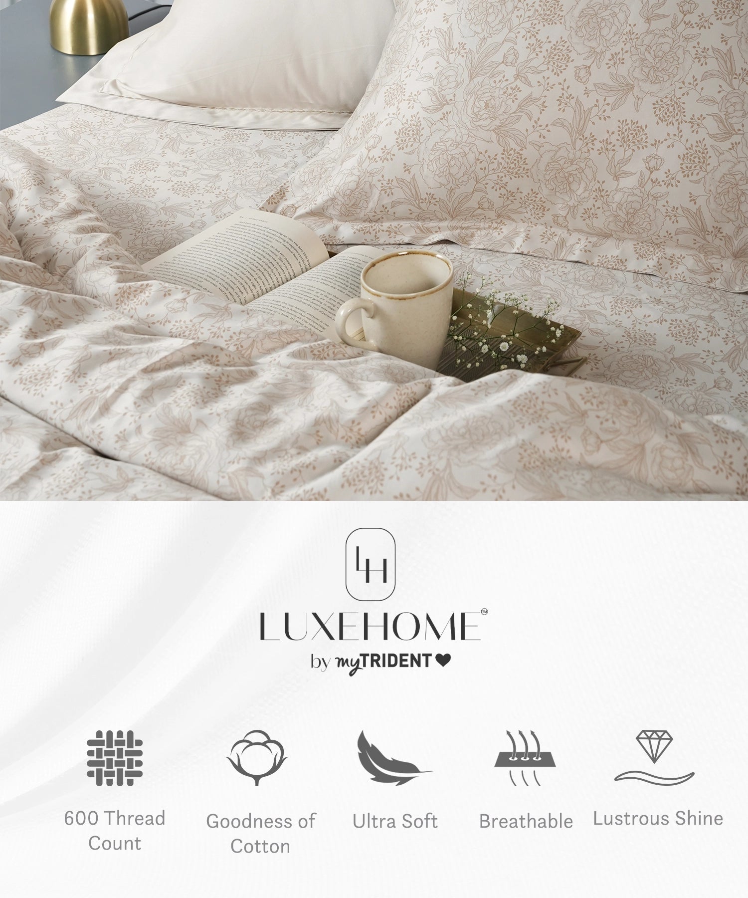 Luxe Home King Bedsheet, Solace|600 TC Cotton|4 Pillow Covers
