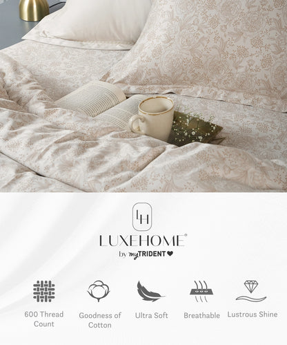 Luxe Home King Bedsheet, Solace|600 TC Cotton|4 Pillow Covers