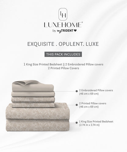 Luxe Home King Bedsheet, Solace|600 TC Cotton|4 Pillow Covers
