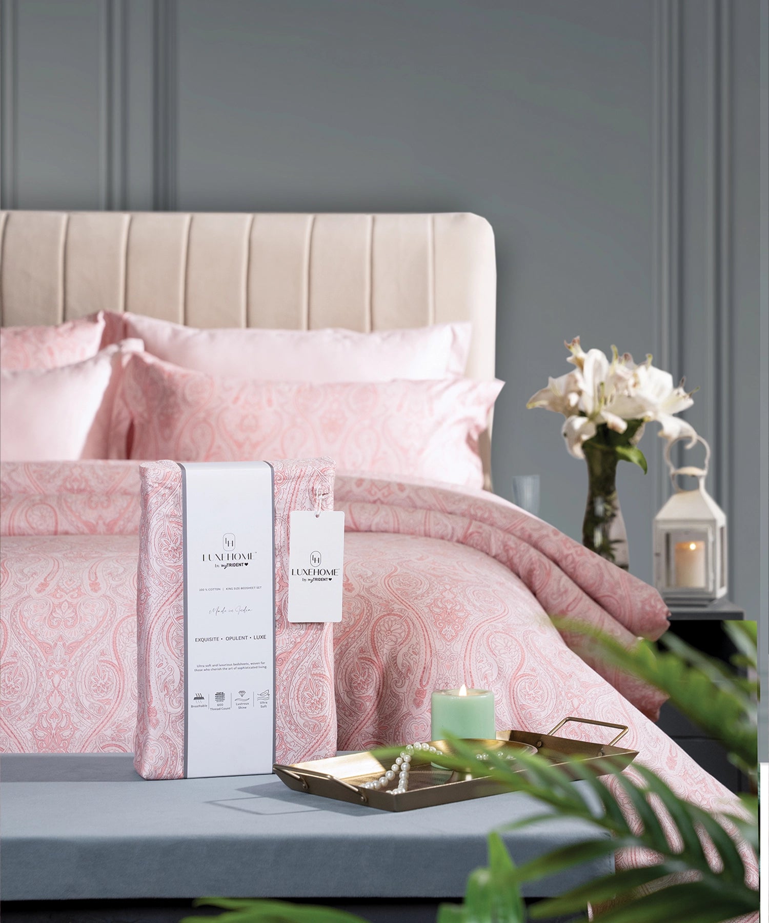 Luxe Home King Bedsheet, Majesty|600 TC Cotton|4 Pillow Covers