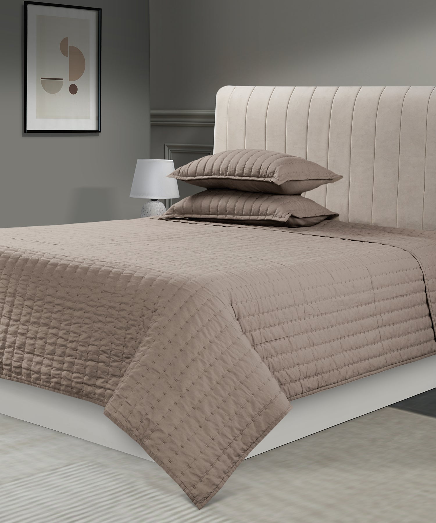 Nectarsoft Italian Retreat King Bedcover Set, Khaki|90 GSM Cotton|3 Pc Set