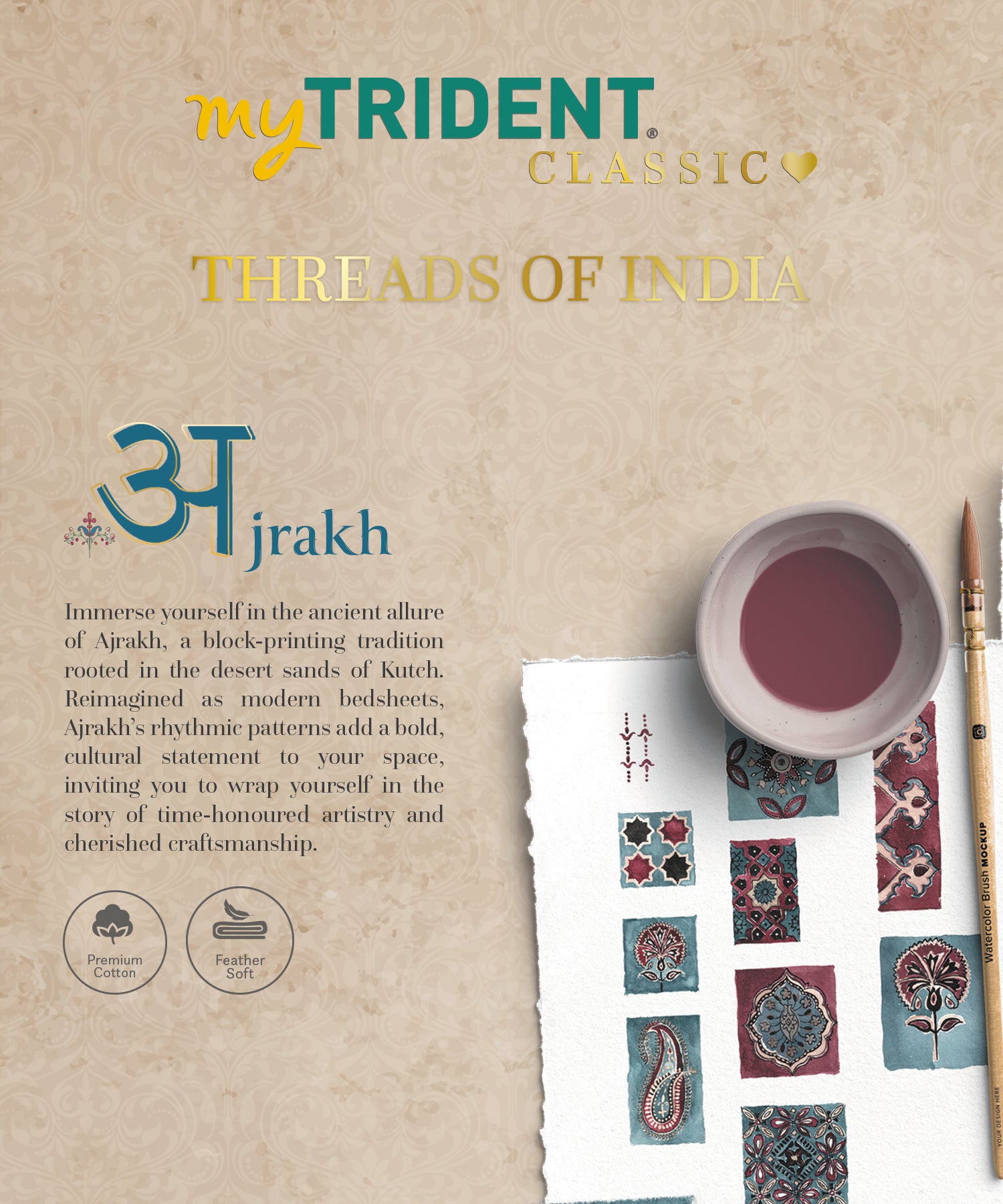 Classic Threads of India King Bedsheet Set, Ajrakh| 210 TC Cotton| 4 Pillow Covers