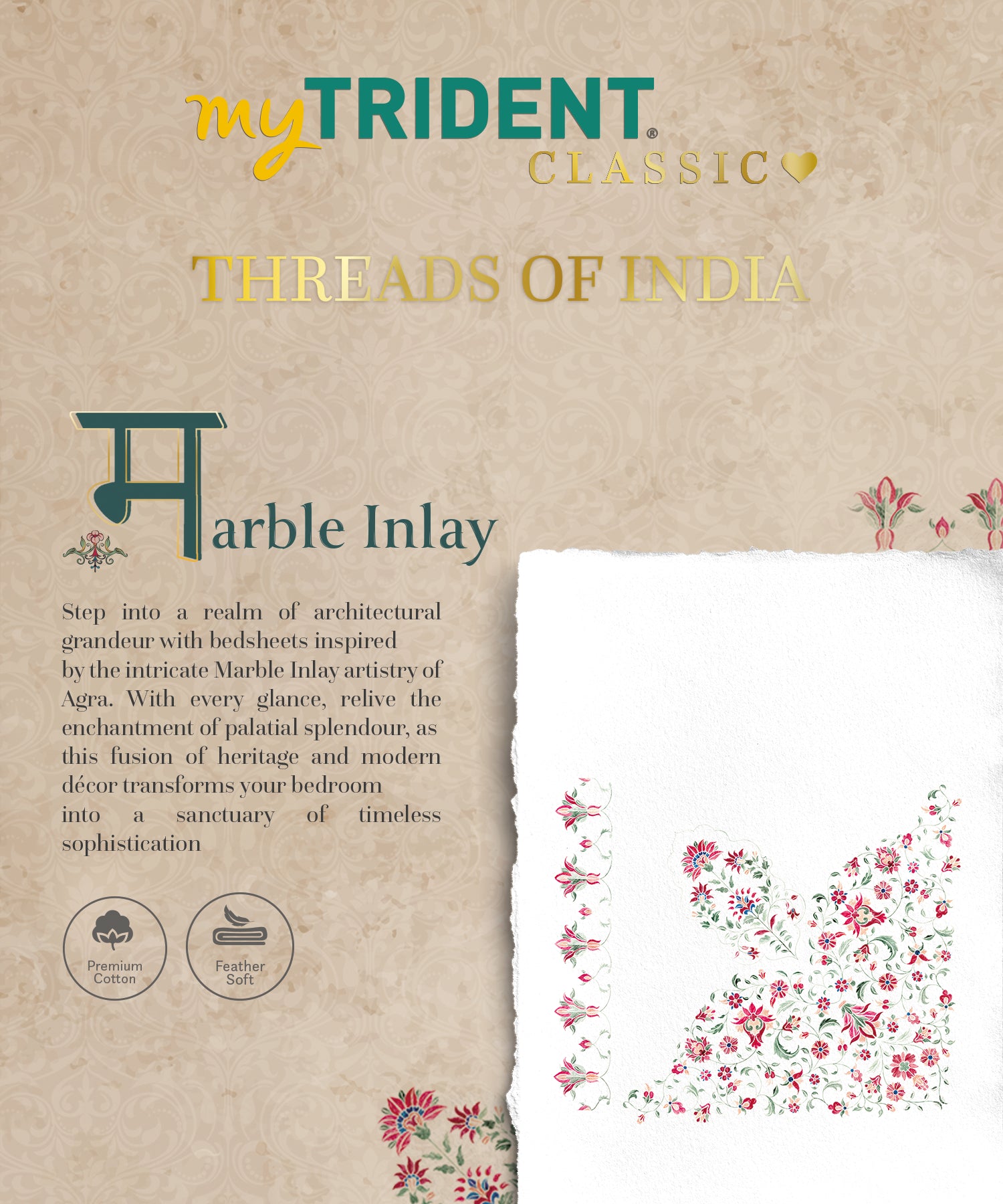 Classic Threads of India King Bedsheet Set, Marble Inlay| 210 TC Cotton| 4 Pillow Covers