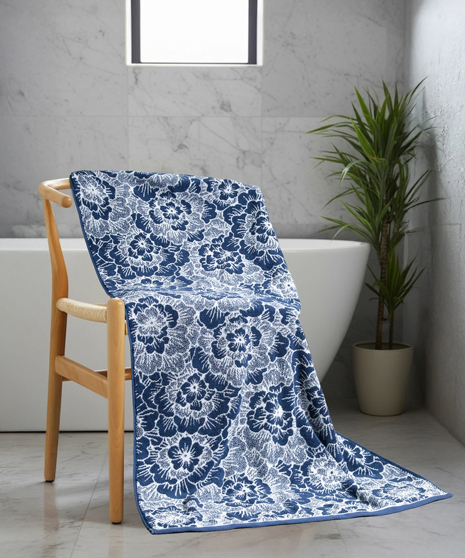 Floral 1 Pc Bath Towel, Blue| 600 GSM Cotton