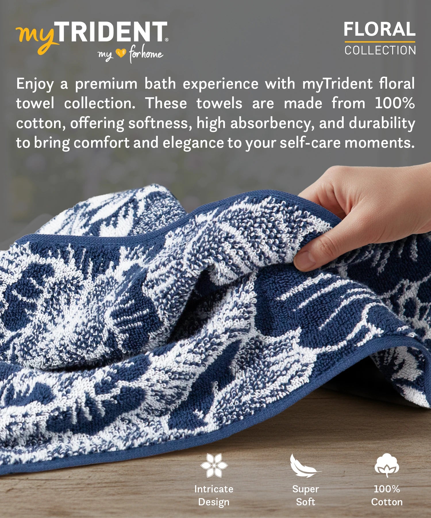 Floral 1 Pc Bath Towel, Blue| 600 GSM Cotton