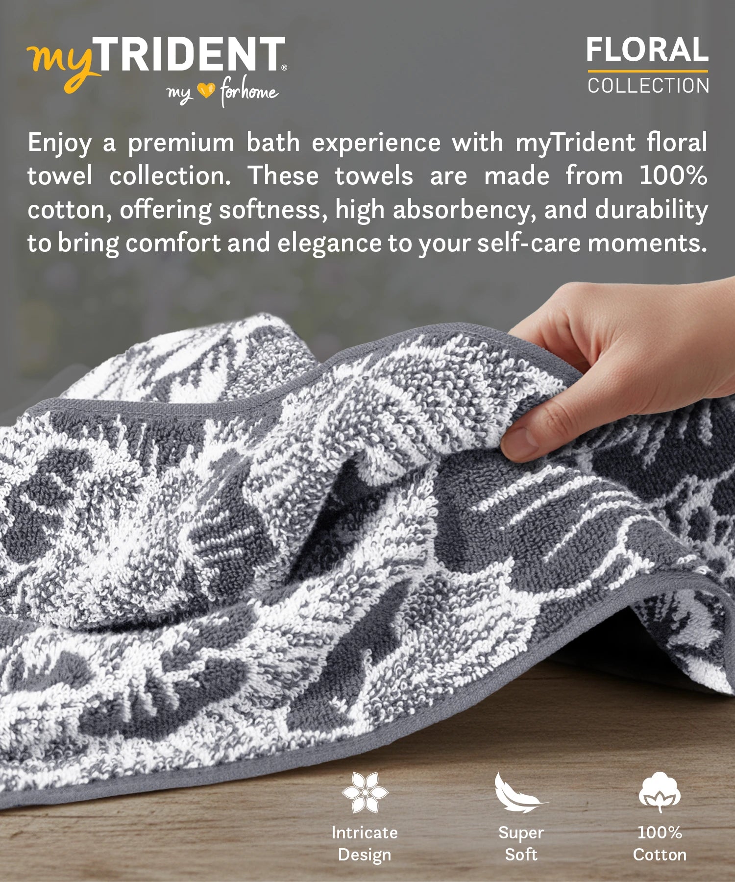 Floral 1 Pc Bath Towel, Grey| 600 GSM Cotton
