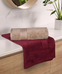 Soft Comfort 2 Pc Bath Towel, Acorn & Wine Red| 509 GSM Cotton|Air Rich Technology