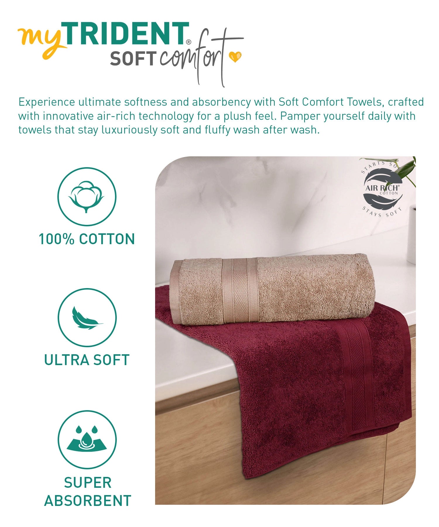 Soft Comfort 2 Pc Bath Towel, Acorn & Wine Red| 509 GSM Cotton Super Absorbent