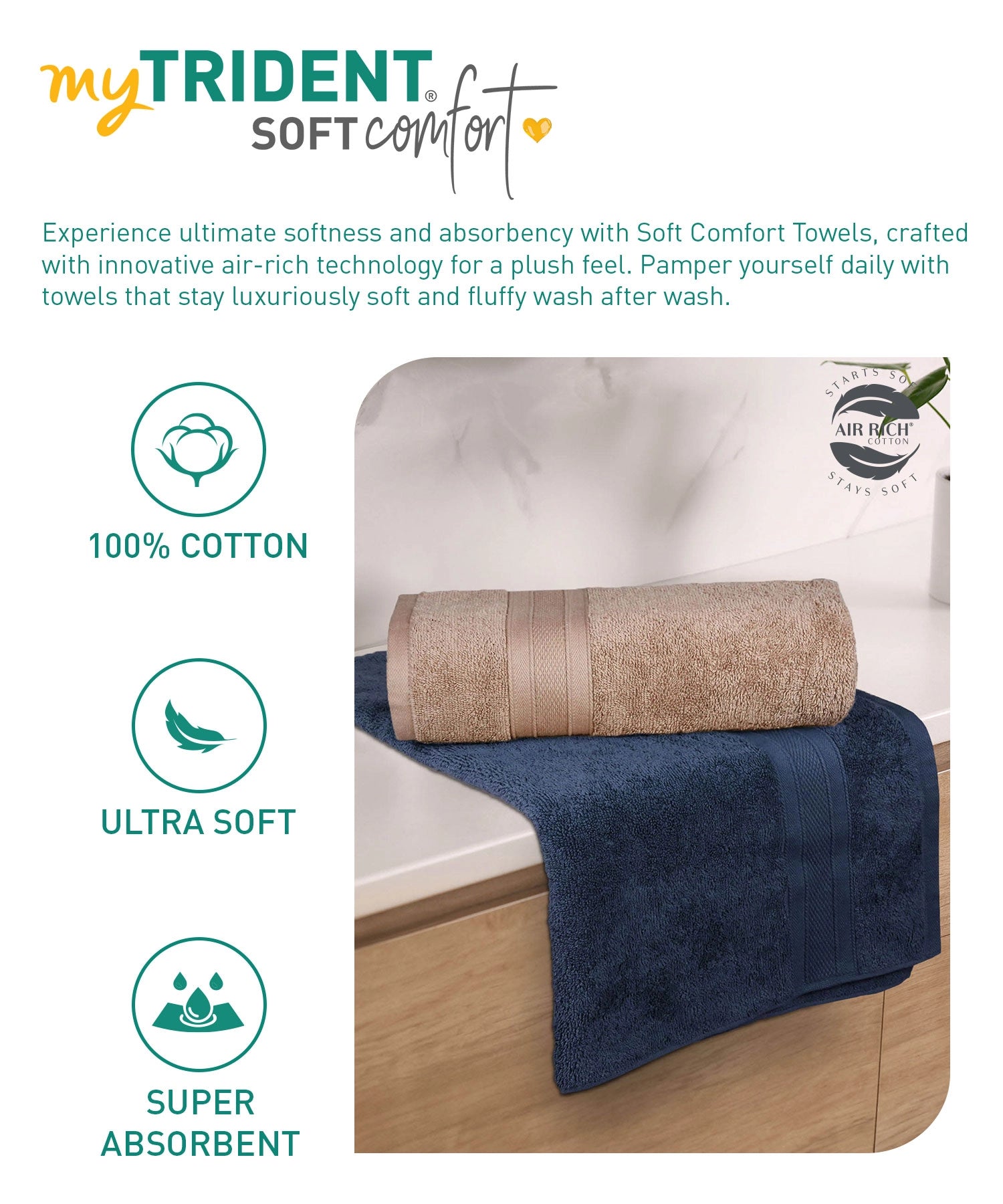 Soft Comfort 2 Pc Bath Towel, Acorn & Navy| 509 GSM Cotton Super Absorbent