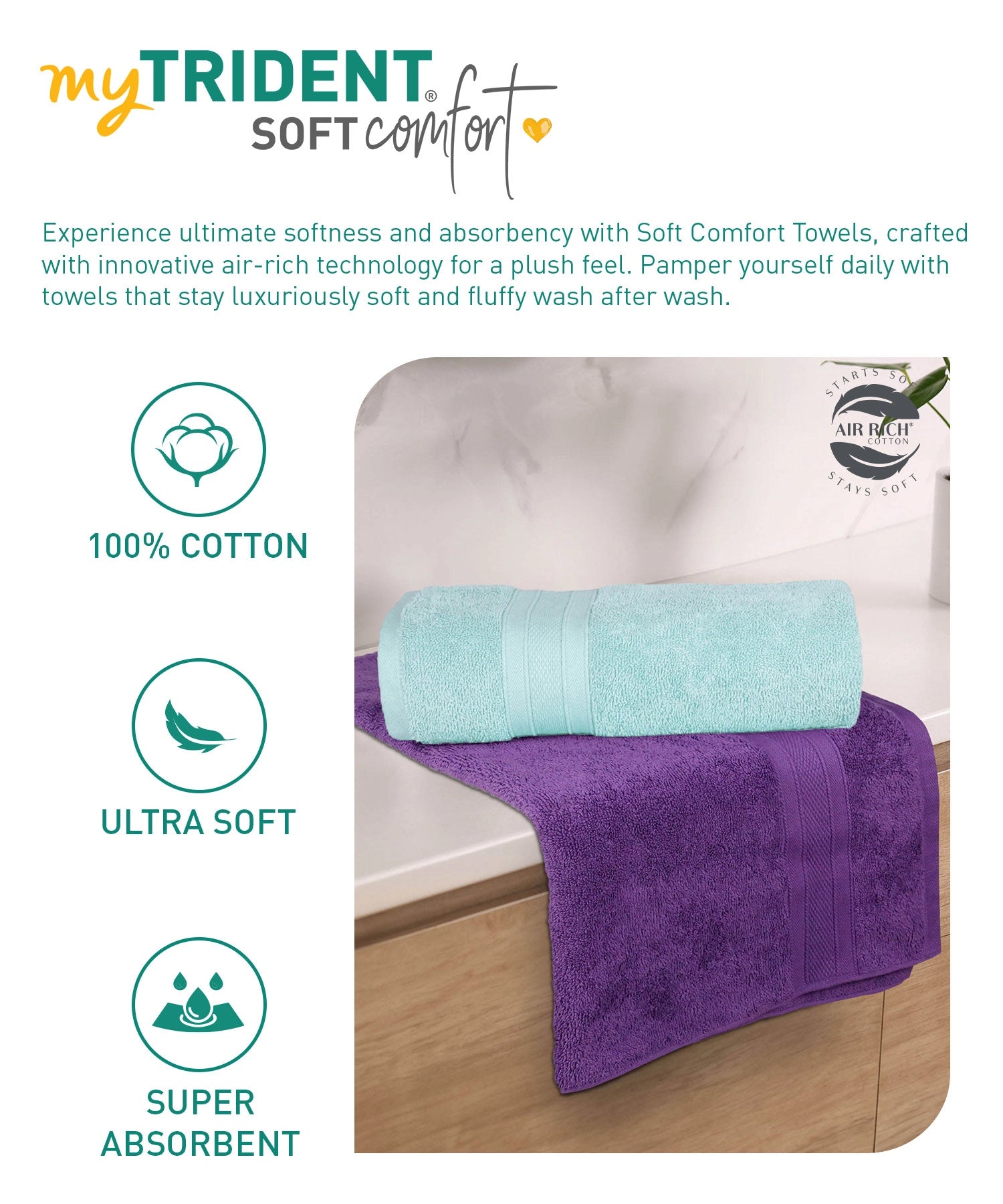 Soft Comfort 2 Pc Bath Towel, Nile Blue & Plum| 509 GSM Cotton Super Absorbent