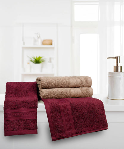 Soft Comfort 4 Pc Hand Towel, Acorn & Wine Red| 509 GSM Cotton Super Absorbent