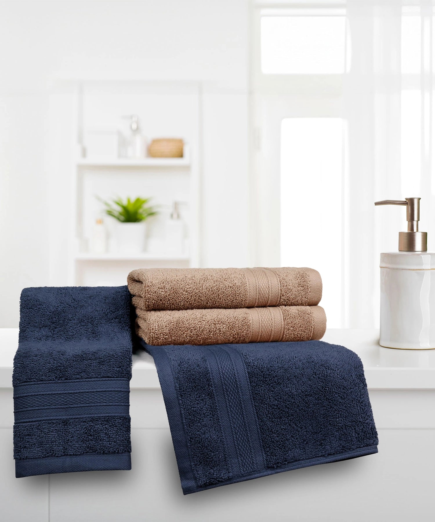 Soft Comfort 4 Pc Hand Towel, Acorn & Navy| 509 GSM Cotton Super Absorbent