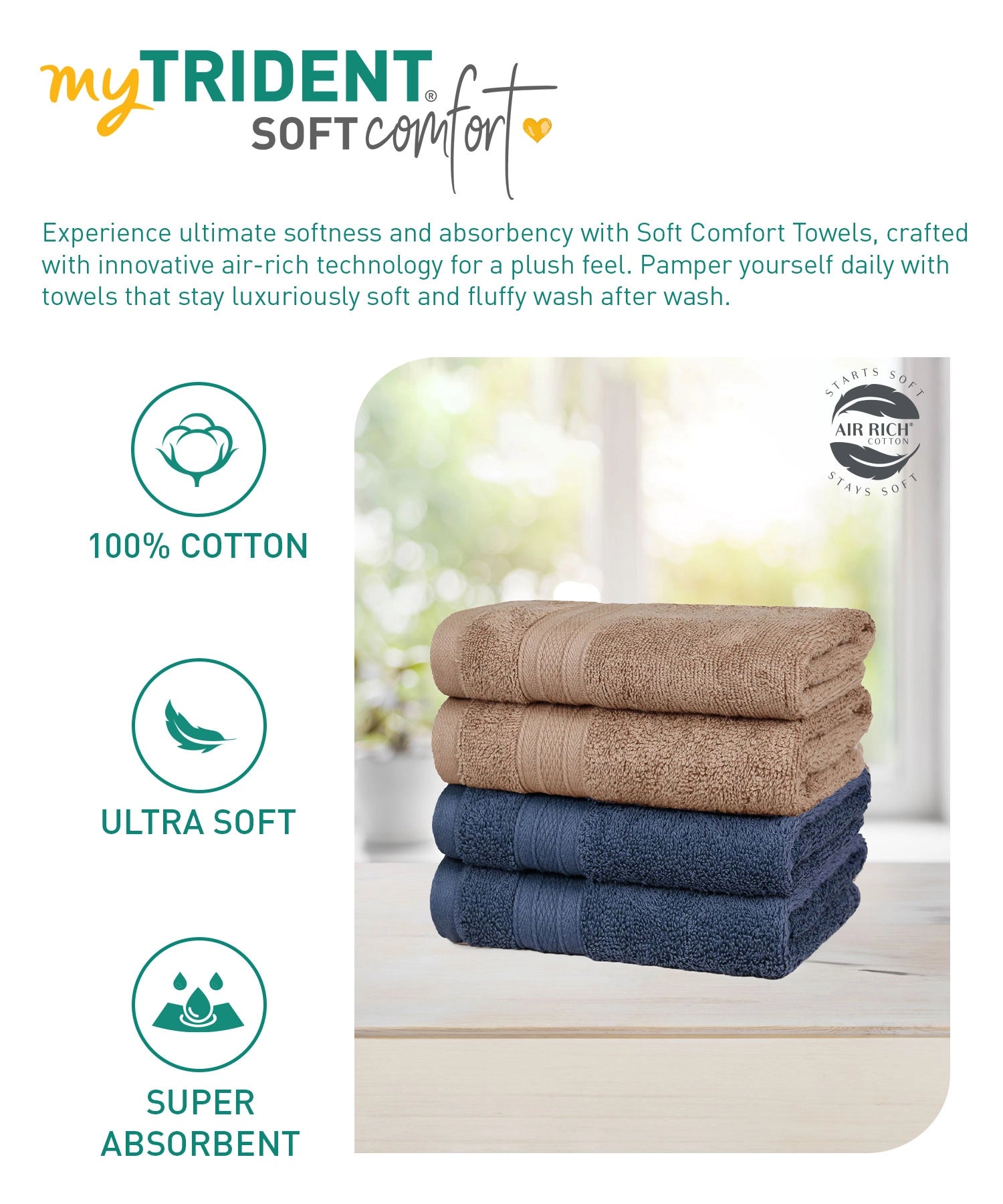 Soft Comfort 4 Pc Hand Towel, Acorn & Navy| 509 GSM Cotton Super Absorbent