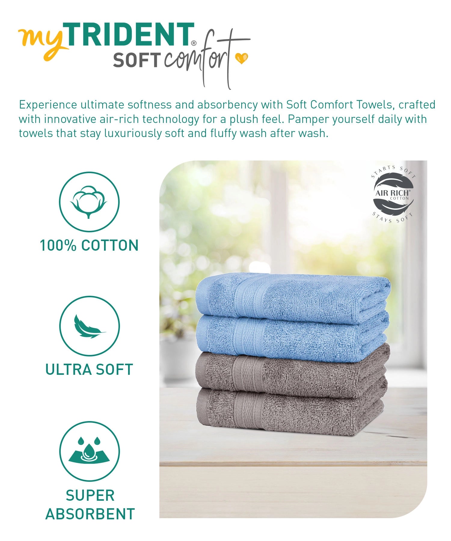 Soft Comfort 4 Pc Hand Towel, Charcoal & Allure| 509 GSM Cotton Super Absorbent