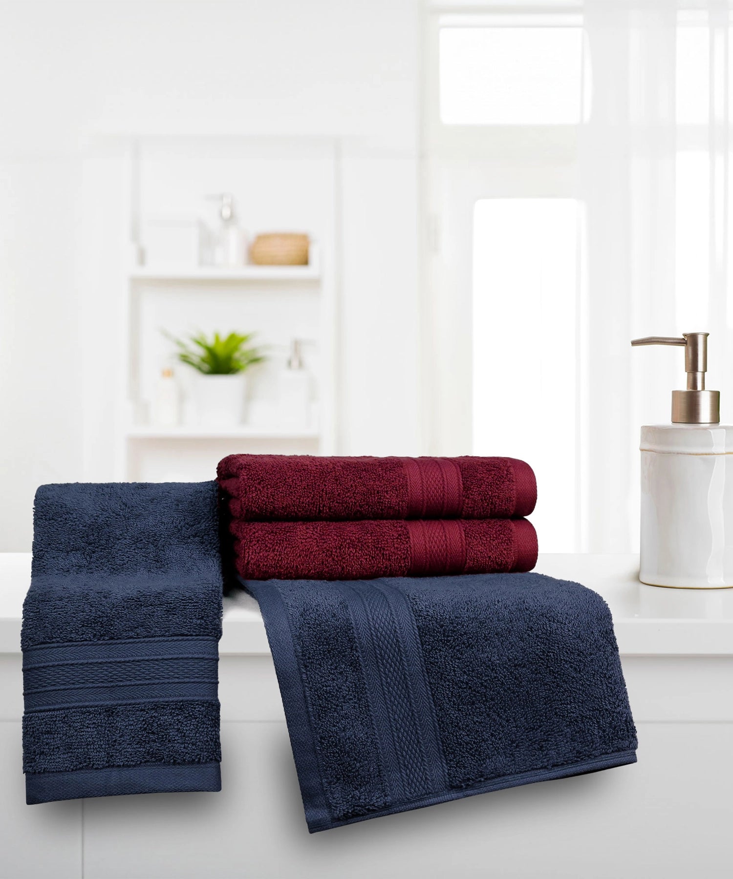 Soft Comfort 4 Pc Hand Towel, Wine Red & Navy| 509 GSM Cotton Super Absorbent