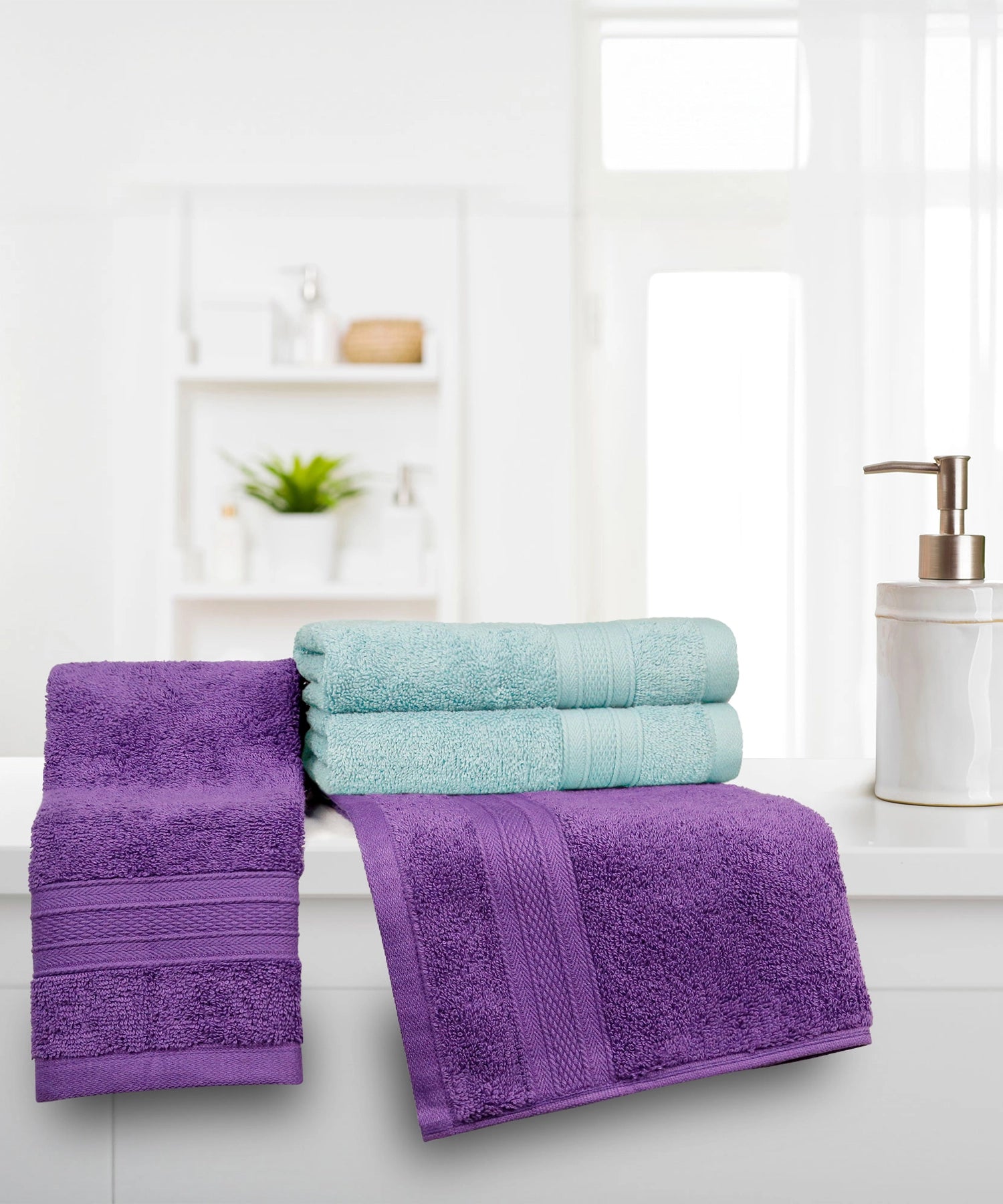 Soft Comfort 4 Pc Hand Towel, Nile Blue & Plum| 509 GSM Cotton Super Absorbent