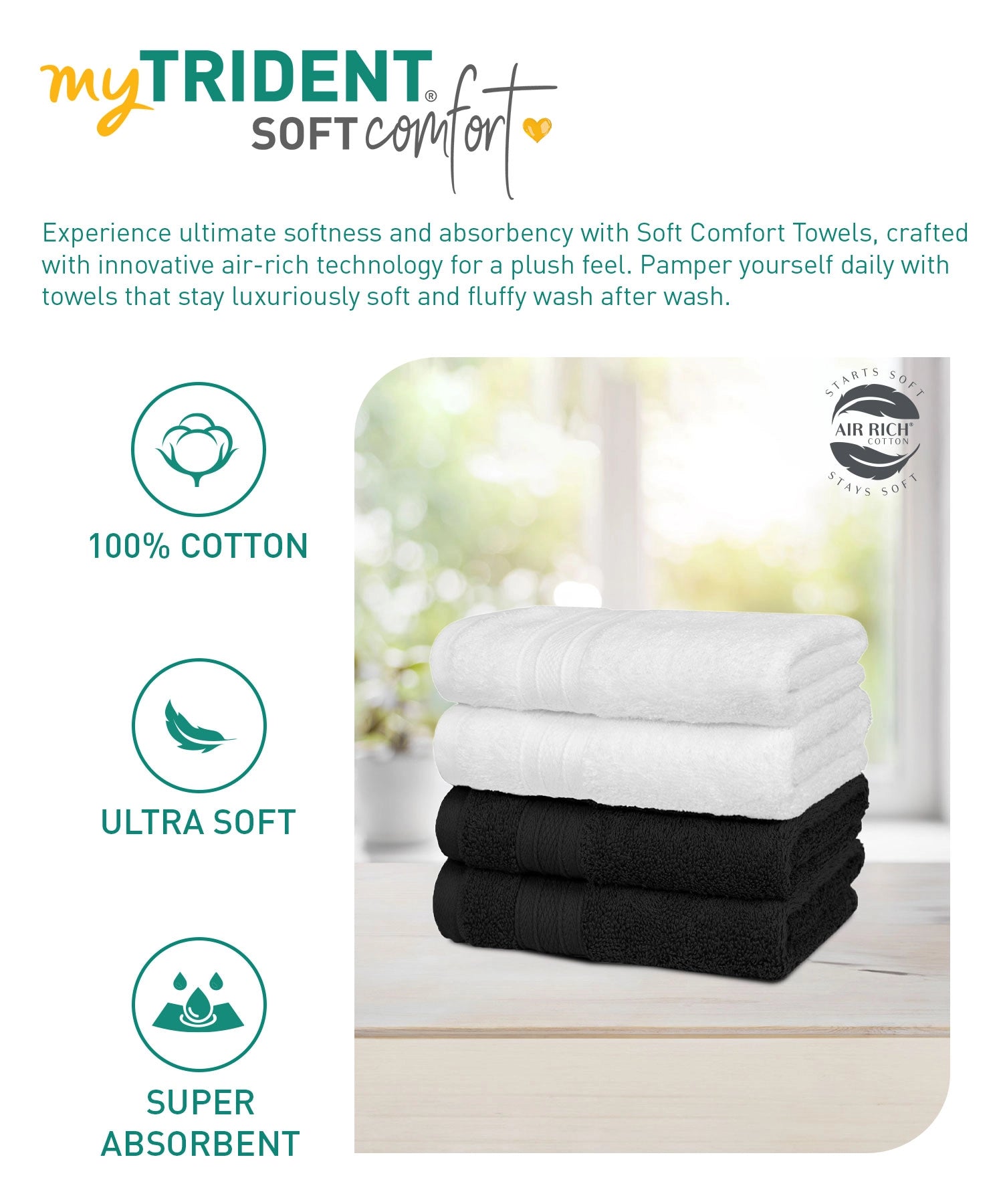 Soft Comfort 4 Pc Hand Towel, Black & White| 509 GSM Cotton Super Absorbent