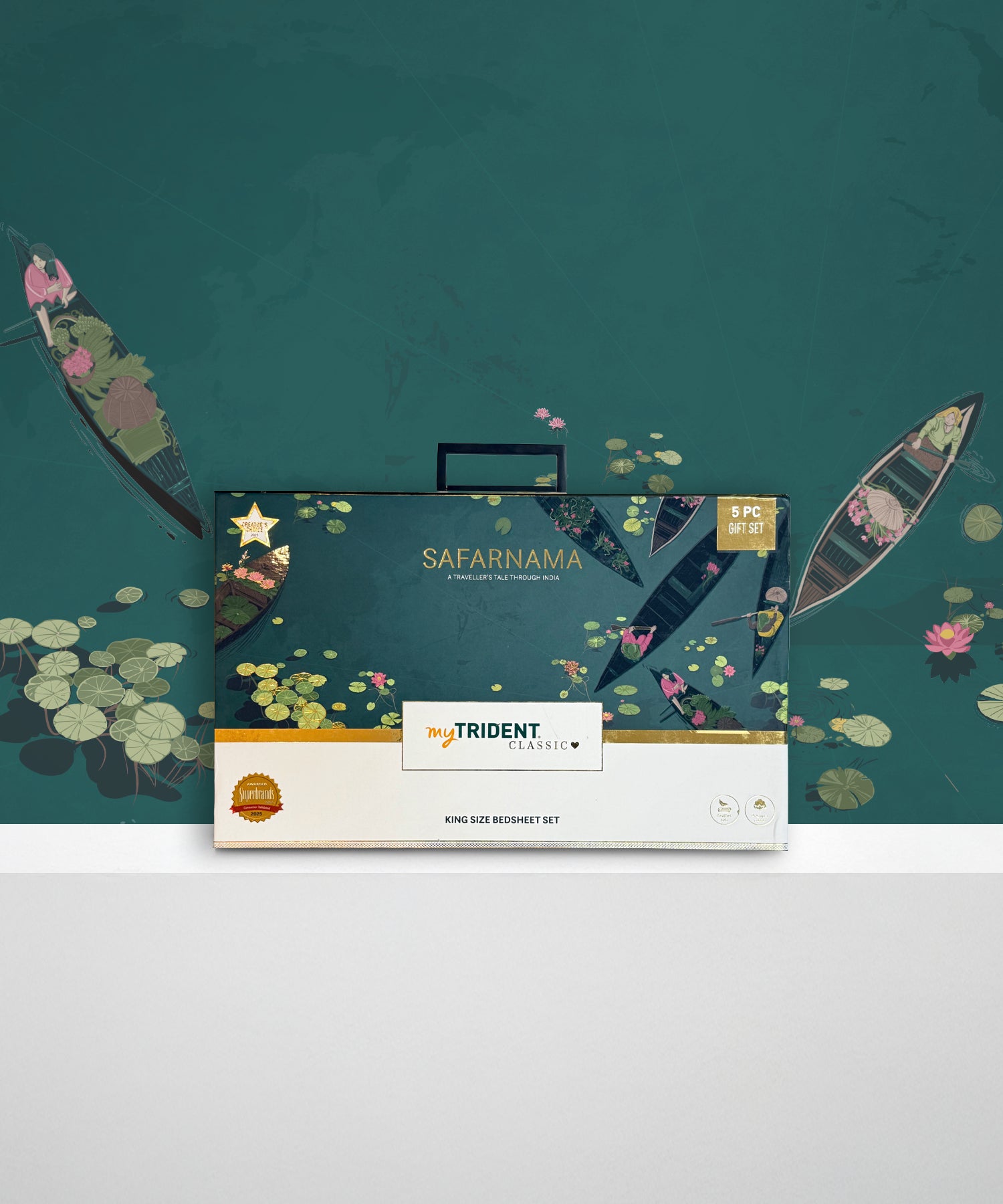 Classic Safarnama King Bedsheet Gift Box| Lakeside Drift | 210 TC Cotton| 2 Pillow Covers