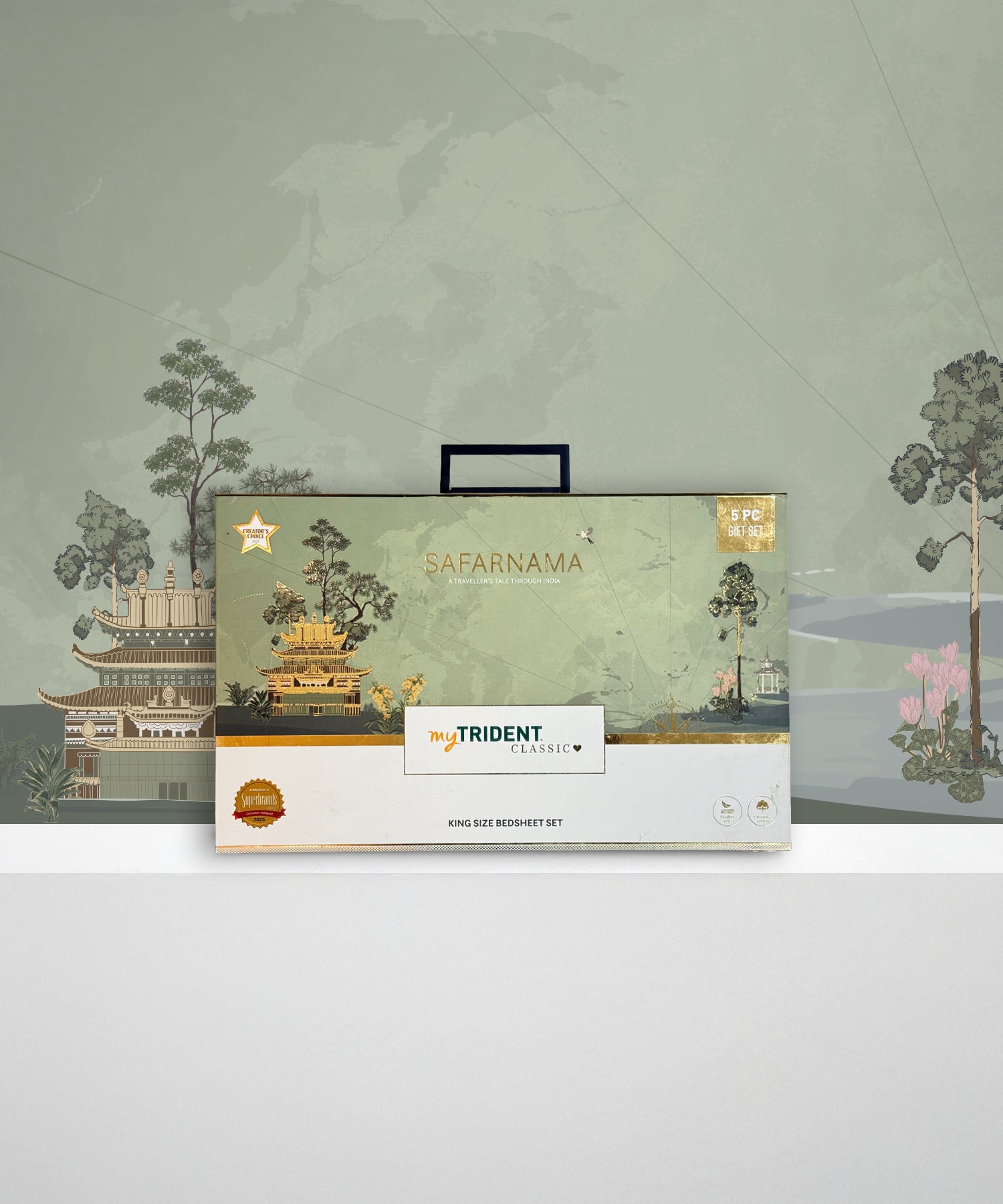 Classic Safarnama King Bedsheet Gift Box| Skybound Tracks | 210 TC Cotton| 2 Pillow Covers