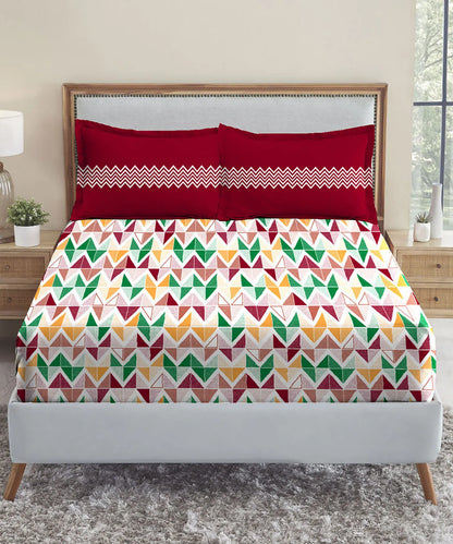 Urban Comfort Queen Bedsheet Set, Trippy Triangles Red |144 TC Cotton| 2 Pillow Covers